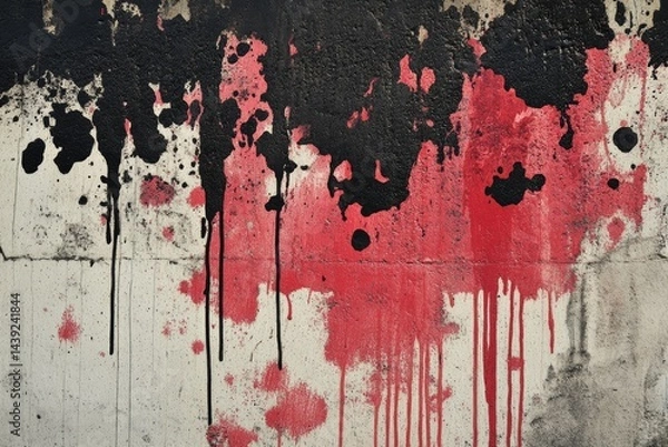 Fototapeta A textured wall, splattered with dripping red and black paint.