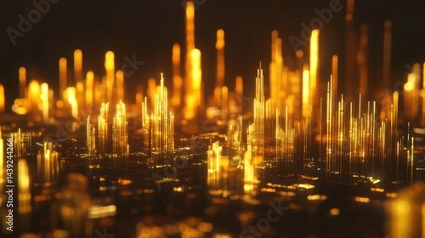 Fototapeta Wealth investment and economy growth 3D scene with golden stock charts, financial trade graphs, and price data success
