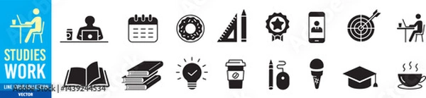 Obraz Office School Studies Work in Co-working space. coworking, coworker, workers, meeting, workplace, workspace, share, sharing, cost savings, team work and home office. Editable stroke liner icon collect