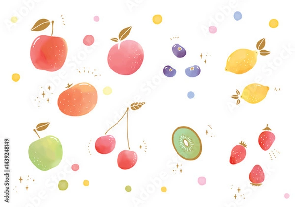 Obraz 水彩風のフルーツときらきらした素材のセット