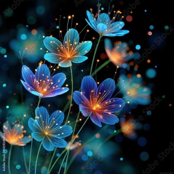 Fototapeta Glowing blossoms flying floating lights concept. Vibrant floral illustration with glowing elements against a dark background.