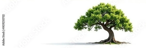 Fototapeta A solitary oak tree branch with leaves and roots on white background, single element, oak tree
