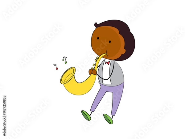 Fototapeta Animated man in jacket playing golden saxophone on a black background