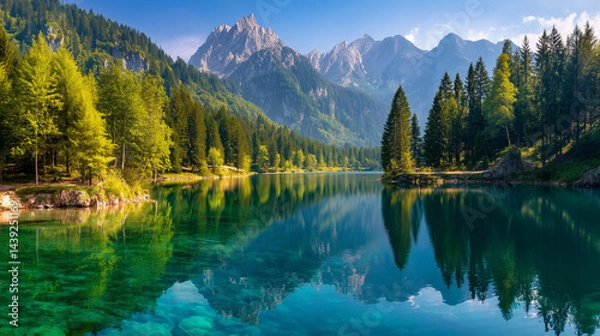 Obraz Colorful summer view of Fusine lake. Bright morning scene of Julian Alps with Mangart peak on background, Province of Udine, Italy, Europe. Traveling concept background