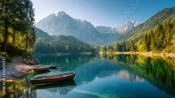 Obraz Colorful summer view of Fusine lake. Bright morning scene of Julian Alps with Mangart peak on background, Province of Udine, Italy, Europe. Traveling concept background