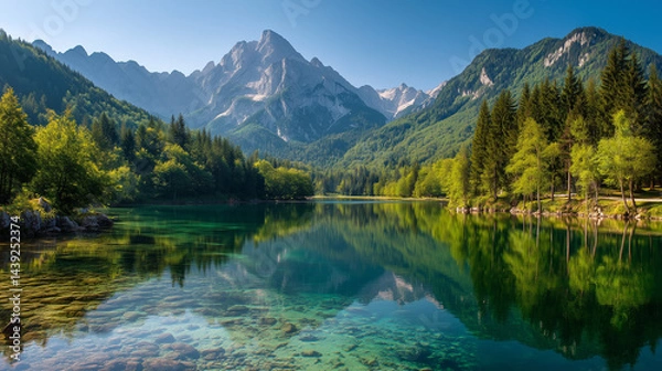 Obraz Colorful summer view of Fusine lake. Bright morning scene of Julian Alps with Mangart peak on background, Province of Udine, Italy, Europe. Traveling concept background