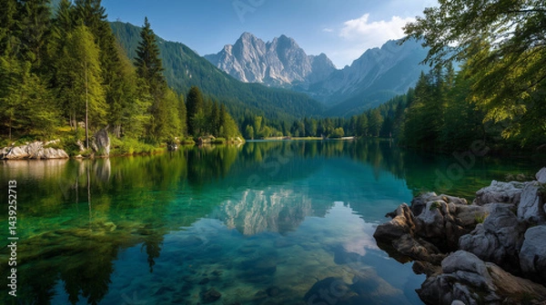 Fototapeta Colorful summer view of Fusine lake. Bright morning scene of Julian Alps with Mangart peak on background, Province of Udine, Italy, Europe. Traveling concept background