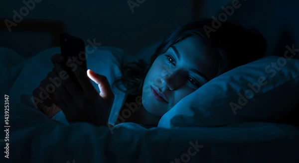 Obraz Woman using phone in bed at night, illuminated by screen light