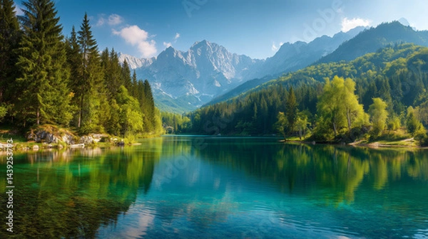 Obraz Colorful summer view of Fusine lake. Bright morning scene of Julian Alps with Mangart peak on background, Province of Udine, Italy, Europe. Traveling concept background