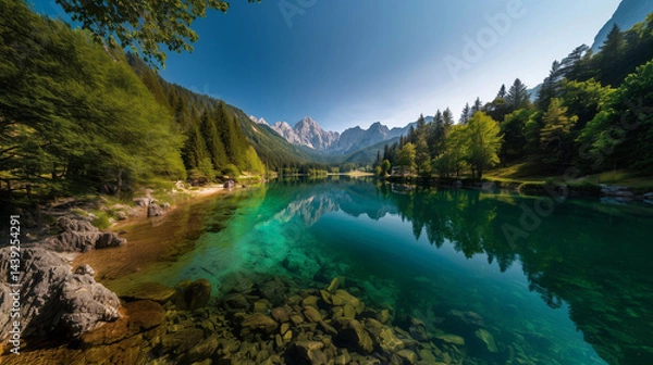 Obraz Colorful summer view of Fusine lake. Bright morning scene of Julian Alps with Mangart peak on background, Province of Udine, Italy, Europe. Traveling concept background