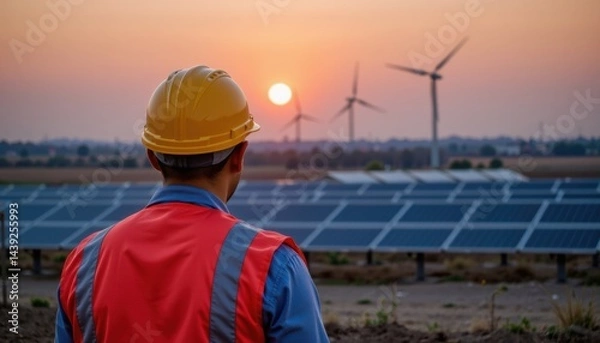 Fototapeta Engineer observing solar panels and wind turbines at sunset