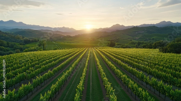 Fototapeta Lush vineyard rows under golden sunlight with rolling hills and mountains in background