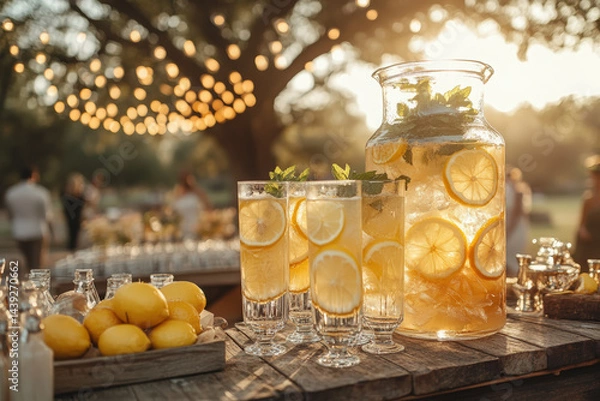 Obraz Refreshing Lemonade Drinks at a Party. Refreshing lemonade served at an outdoor event, with slices of lemon and sprigs of mint, perfect for summer gatherings and celebrations.