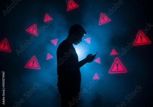 Fototapeta Silhouette man using smartphone surrounded by warning signs concept