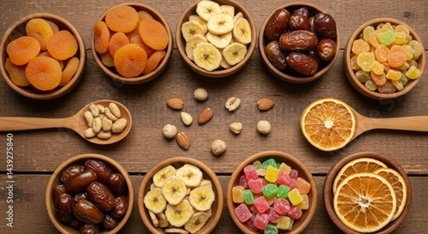 Fototapeta Variety of dried fruits and nuts in wooden bowls on rustic wooden table