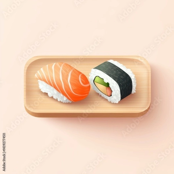 Obraz A close-up view of two pieces of sushi on a wooden plate. One piece is a salmon nigiri, the other is a maki roll with avocado and cucumber.  The plate is on a peach colored surface.