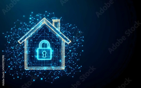 Fototapeta A digital illustration of a secure house with a lock symbol, representing modern home security and the importance of protecting personal property.