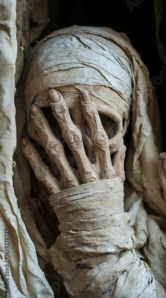 Fototapeta A mummy wrapped in a cloth covering its face with a bandage