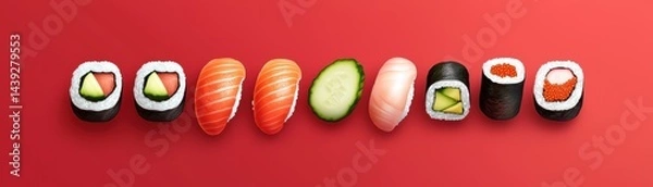 Obraz Variety of sushi pieces on red background