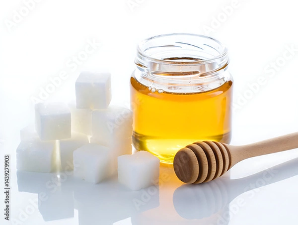 Fototapeta Honey Jar and Sugar Cubes on White Surface