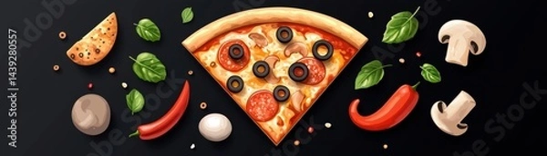 Obraz A Delicious Slice of Pizza with Fresh Ingredients. A mouthwatering close-up of a pizza slice adorned with pepperoni, olives, and various toppings.