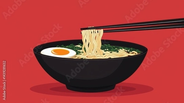 Obraz A bowl of delicious ramen noodles with a boiled egg and chopsticks, ready to be enjoyed. The steaming bowl is set against a vivid background, inviting a culinary adventure.
