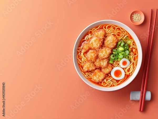 Obraz A delicious bowl of ramen with tempura, eggs and chopsticks on side. A vibrant visual of noodles, tempura, and chopsticks, ideal for culinary presentations.