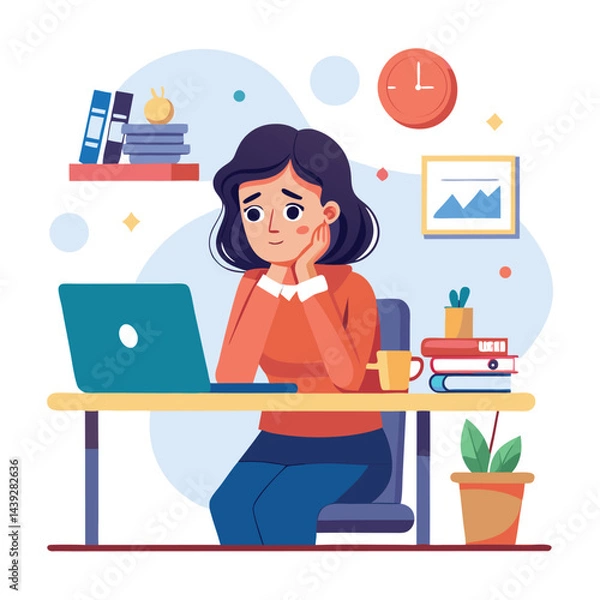 Fototapeta Bored woman sitting at desk. Tired sad office worker. Procrastination, burnout and boredom concept. Depressed upset exhausted lazy student. Flat vector illustration isolated on white background