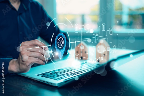 Fototapeta Supply Chain Management concept transportation and logistic suppliers, import export and transport industry. network distribution growth. container cargo ship and trucks of industrial cargo freight