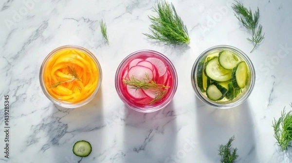 Fototapeta National Vinegar Month (May) Vibrant pickled vegetables display with mango, radish, and cucumber on marble surface
