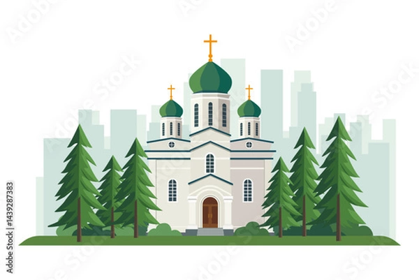 Fototapeta Orthodox church against the backdrop of the urban landscape. Orthodox Christian church with beautiful domes, pine and fir trees in a modern city. Vector illustration of an Orthodox church building.