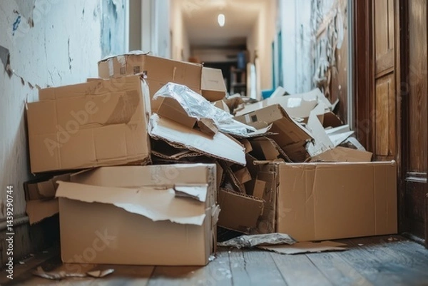 Fototapeta A hallway with a pile of used cardboard boxes and old packaging. A person breaks them down for recycling or reuse. The mood is practical and mindful 