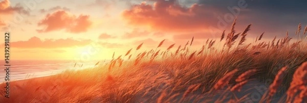 Fototapeta Netherlands beach sunset image, dunes.