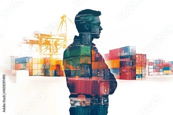 Fototapeta Businessman Silhouette with Shipping Containers and Cranes Background
