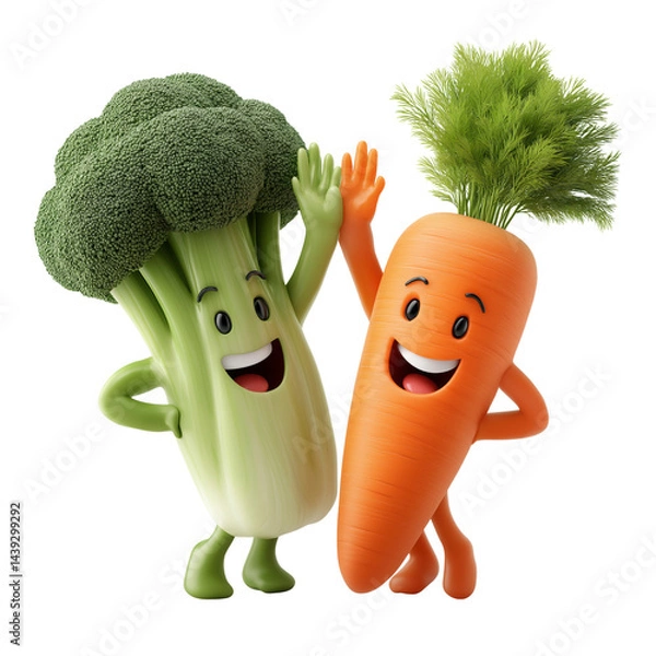 Fototapeta Happy broccoli and carrot cartoon characters giving high five, cheerful and playful, healthy vegetables with smiling faces, isolated on transparency background, fun and friendly illustration