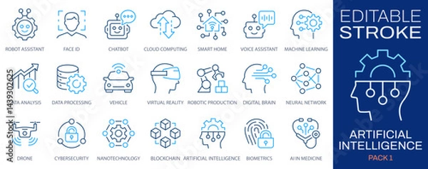 Fototapeta Artificial intelligence icons, such as brain, science, robot, machine learning and more. Editable stroke. Change to any size and any color.