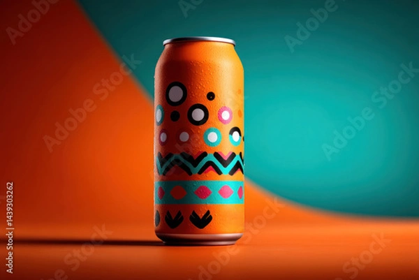 Obraz A striking orange soda can with unique graphics stands out against a bright teal and orange backdrop, creating an eye-catching composition