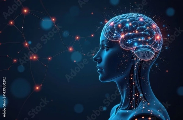 Fototapeta Robot humanoid face close up with graphic concept of engineering science study by AI thinking brain, artificial intelligence and machine learning process for 4th industrial revolution.