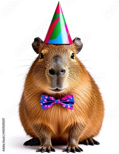 Fototapeta Capybara in a bow tie and a festive hat.