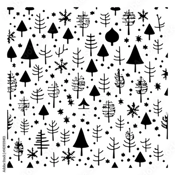 Fototapeta Stylized monochrome forest pattern featuring assorted evergreen and deciduous trees
