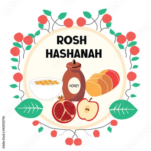 Obraz Rosh Hashanah food symbols illustration with honey, apple, pomegranate, challah, and floral wreath