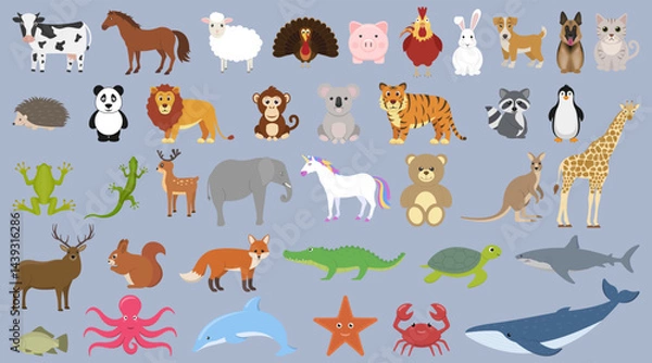 Obraz A lively collection of colorful cartoon animals, perfect for childrens projects and different designs. Vector illustration