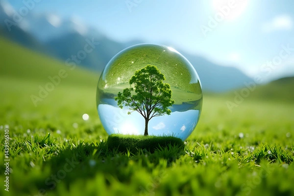 Fototapeta The crystal globe was placed on the grass with a tree in the middle. for the environment Society and Governance Sustainable global environment concept.