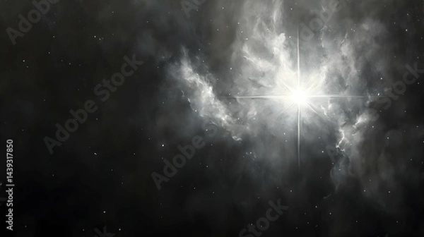 Fototapeta A star shines brightly amidst swirling clouds in the blackness of space with tiny stars scattered around