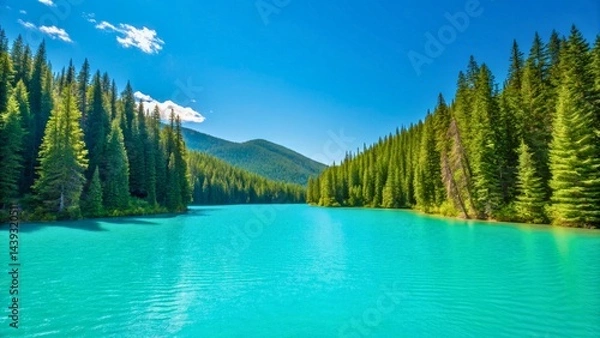 Obraz Serene Lake Surrounded by Lush Green Pine Trees Under Clear Blue Sky in Nature