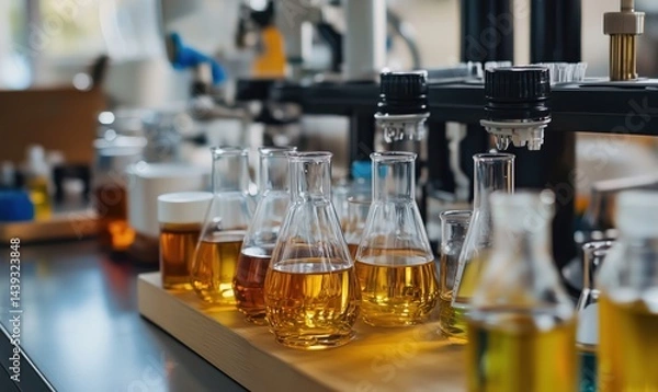 Obraz Laboratory glassware with colorful liquids in scientific research environment