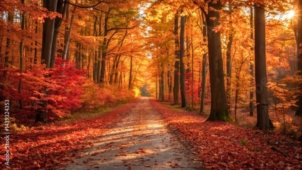 Obraz Autumn Forest Pathway with Vibrant Leaves and Soft Sunlight Illuminating the Scene