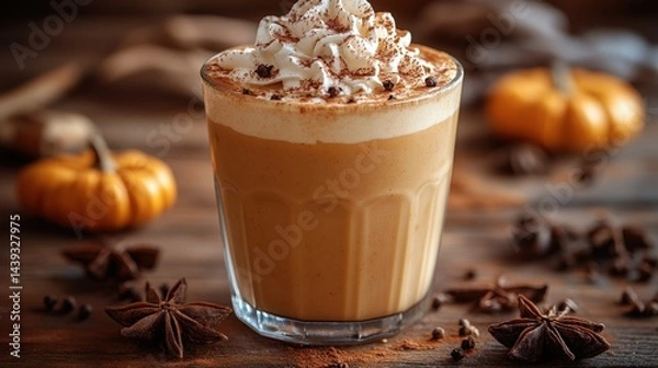 Fototapeta A close-up shot showcases a slice of creamy dessert pie topped with whipped topping and cinnamon.