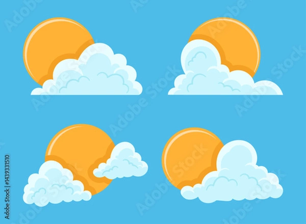 Obraz Illustration of Golden Orange Sun Behind White Puffy Clouds.Bright Sun and Soft Clouds on Blue Background