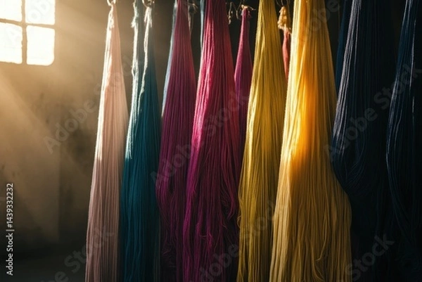 Fototapeta Colorful threads hang drying in a workshop. Sunlight streams through a window, illuminating the vibrant hues of the yarn
